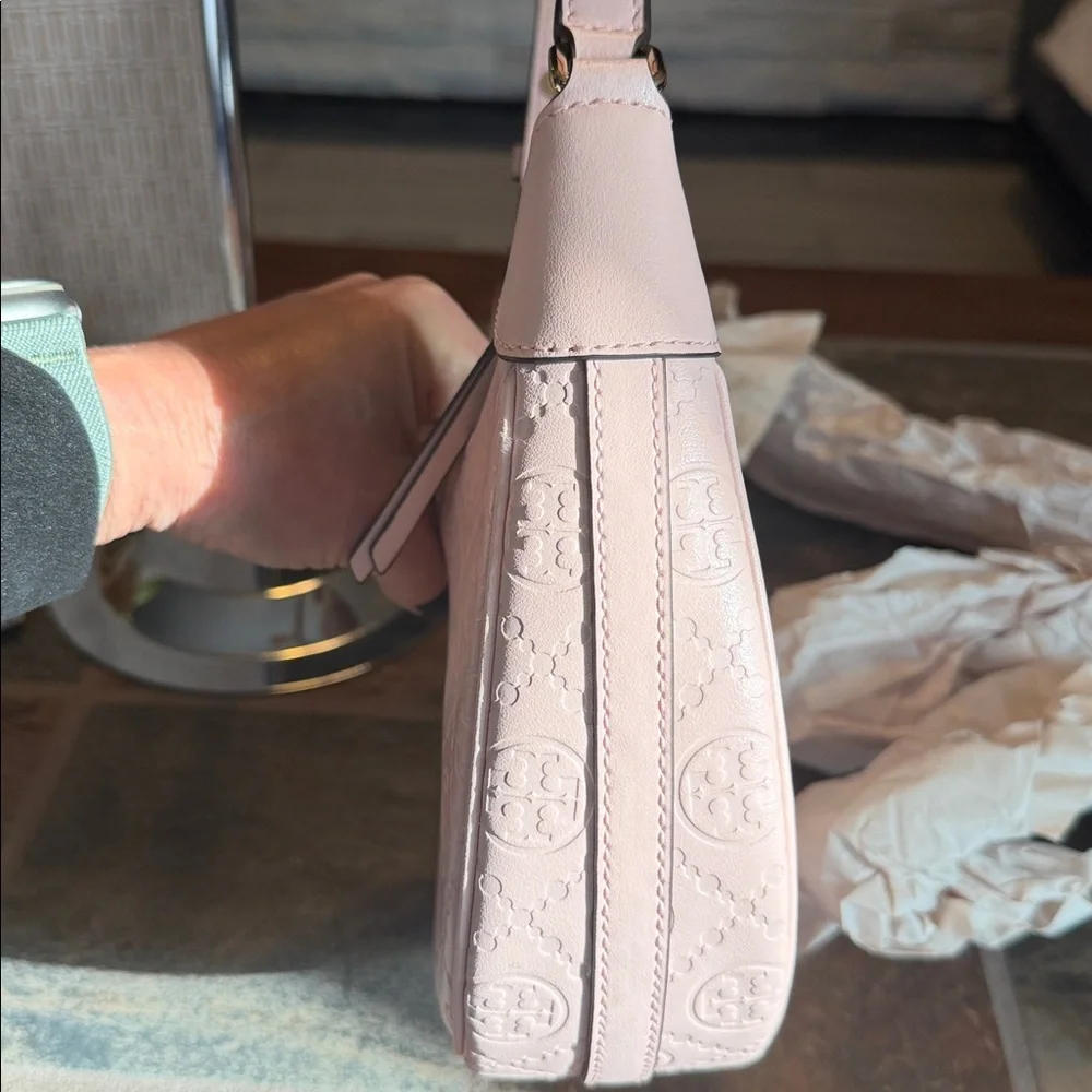 Tory Burch T Monogram Leather Crescent Bag - Blush - Picture 8 of 11